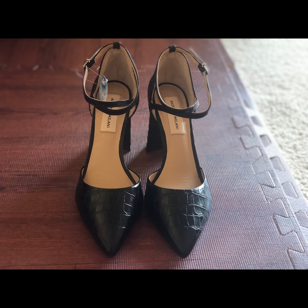 Antonio Melani Leather Croc Ankle Strap Pumps